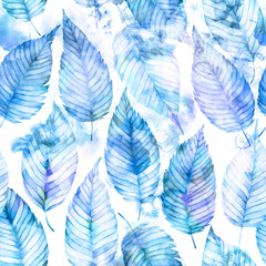 Seamless watercolor floral pattern of autumn leaves. Silhouettes of plants. Leaf fall.