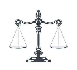Scales of justice vector illustration. Weight Scales, Balance. Concept law and justice. Legal center or law advocate symbol. Libra in flat design. Juridical emblem.