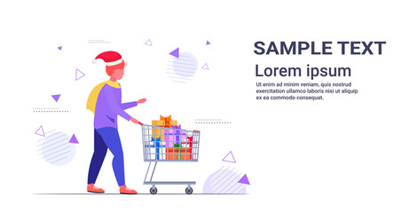 man in santa claus hat pushing trolley cart with gift present boxes merry christmas happy new year winter holidays celebration concept full length sketch copy space horizontal vector illustration