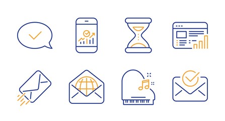 Time, Web mail and E-mail line icons set. Approved message, Piano and Smartphone statistics signs. Web report, Approved mail symbols. Clock, World communication. Education set. Line time icon. Vector