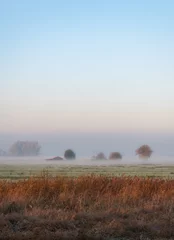 Abwaschbare Fototapete Blau Holländischer Bauernhof im frühen Morgennebel im Herbst_1