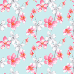 Beautiful seamless pattern with pink, black and  white cherry blossom, and leaves on a blue  background. Hand painted in watercolor.