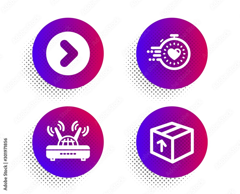 Poster timer, forward and wifi icons simple set. halftone dots button. package sign. deadline management, n