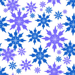 Seamless winter pattern with big and small light blue and dark blue snowflakes on a white background