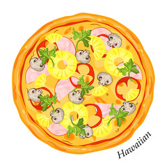 Fresh pizza hawaiian with ham, mushrooms, herbs, pineapple slices, pepper. Traditional italian fast food. Top view meal. Isolated white background. Vector illustration.