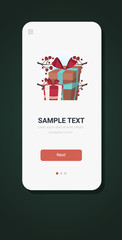 wrapped gift present boxes merry christmas happy new year poster winter holiday celebration concept smartphone creen online mobile app greeting card vertical vector illustration