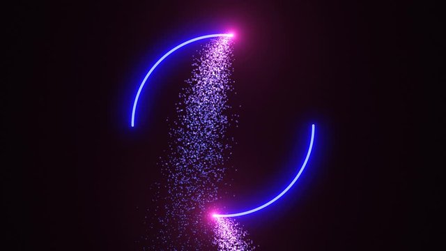 Purple glowing sparkles drawing blue glowing circle with copy space against dark background. Round placeholder suitable for winter, Christmas or other Intro or opening titles animation background.