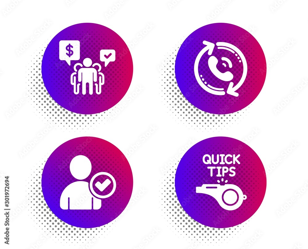 Aufkleber call center, teamwork and identity confirmed icons simple set. halftone dots button. tutorials sign.
