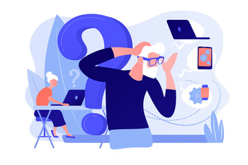 Senior couple modern gadgets handling problems. Low technical communication, trouble with using technology, special devices for older people concept. Pinkish coral bluevector isolated illustration