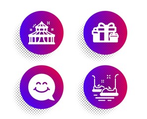 Smile face, Circus and Holiday presents icons simple set. Halftone dots button. Bumper cars sign. Chat, Attraction park, Gift boxes. Carousels. Holidays set. Classic flat smile face icon. Vector
