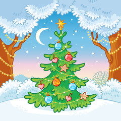 Elegant Christmas tree standing in a snowy forest. Vector illustration.