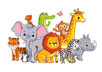 Vector illustration with african animals on a white background. Cute animals in cartoon style