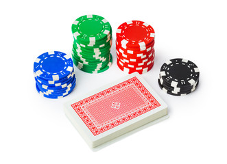 Gambling casino chips and playing cards