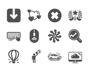 Set of Technology icons, such as Versatile, Analytics, Brand ambassador, Car, Swipe up, Close button, Computer keyboard, Ranking, Heart, Cloud storage, Load document, Air balloon. Vector
