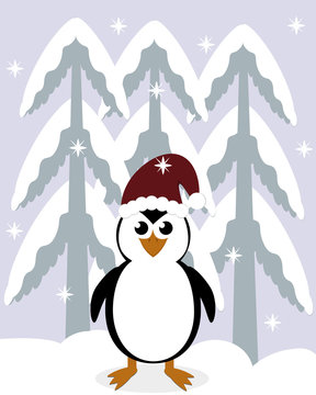 penguin in a pine forest