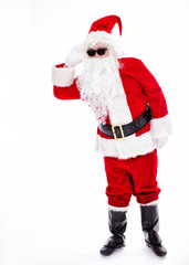 Happy  Santa Claus listening  and isolated on white
