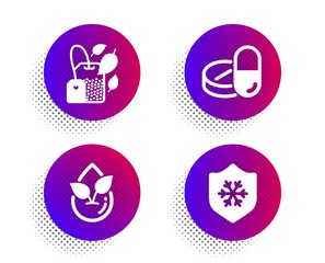 Organic product, Mint bag and Medical drugs icons simple set. Halftone dots button. Clean skin sign. Leaf, Mentha tea, Medicine pills. Cold protect. Healthcare set. Vector