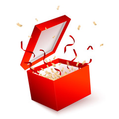 Vector open red gift box with confetti and ribbons