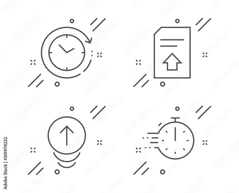 Poster upload file, time change and swipe up line icons set. cooking timer sign. load document, clock, scro