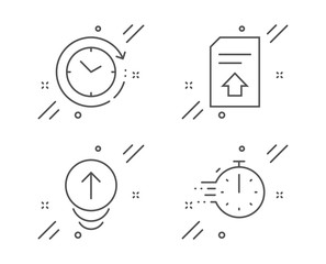 Upload file, Time change and Swipe up line icons set. Cooking timer sign. Load document, Clock, Scrolling page. Stopwatch. Technology set. Line upload file outline icon. Vector