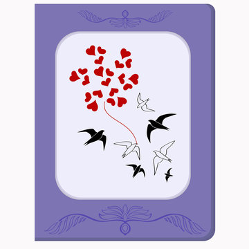recommend clip art: Greeting card flying birds and hearts violet pink red black silhouettes retro frame