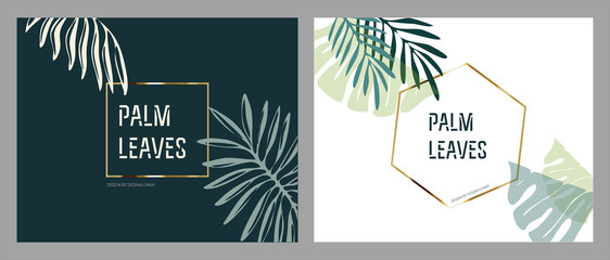 monstera palm leaves vector for post golden frame for text