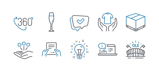 Set of Business icons, such as Online documentation, Champagne glass, Hold t-shirt, Delivery box, Idea, Approved, 360 degree, Consolidation, Receive file, Sports arena line icons. Vector