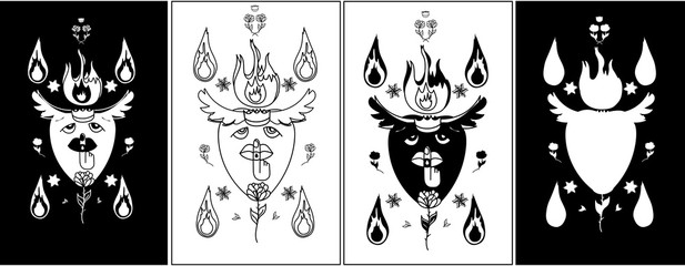 Silent heart black and white set cards fire flowers crown arm ring wings keep silent sign tattoo Valentine's Day