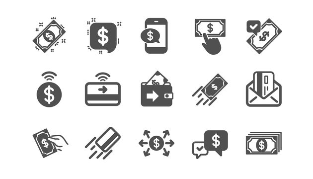 Money payment icons. Accept transfer, Pay by Phone and Credit card. Cash classic icon set. Quality set. Vector