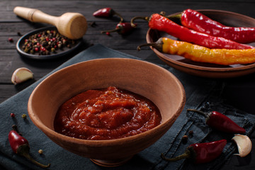 Harissa - a middle eastern hot red chili pepper paste. View from above.