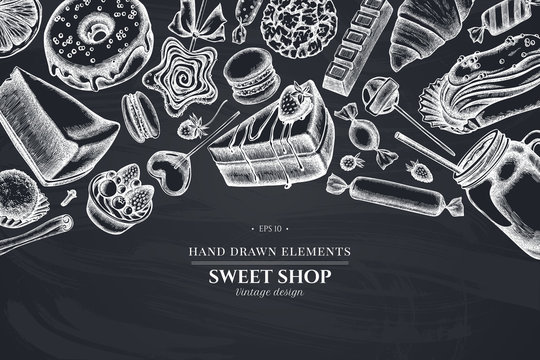 Design with chalk cinnamon, macaron, lollipop, bar, candies, oranges, buns and bread, croissants and bread, strawberry, milk boxes, smoothie cup, lollipop, smothie jars, cheesecake, eclair, cupcake