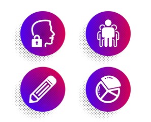 Unlock system, Group and Pencil icons simple set. Halftone dots button. Pie chart sign. Access granted, Managers, Edit data. Presentation graph. Science set. Classic flat unlock system icon. Vector