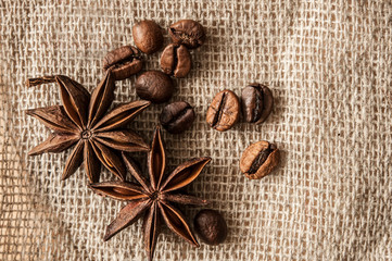 Roasted coffee beans and spice badian on a background of burlap.
