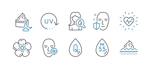 Set of Healthcare icons, such as Ph neutral, Moisturizing cream, Problem skin, Uv protection, Natural linen, Heartbeat, Night cream, Face protection, No alcohol, Skin care line icons. Vector