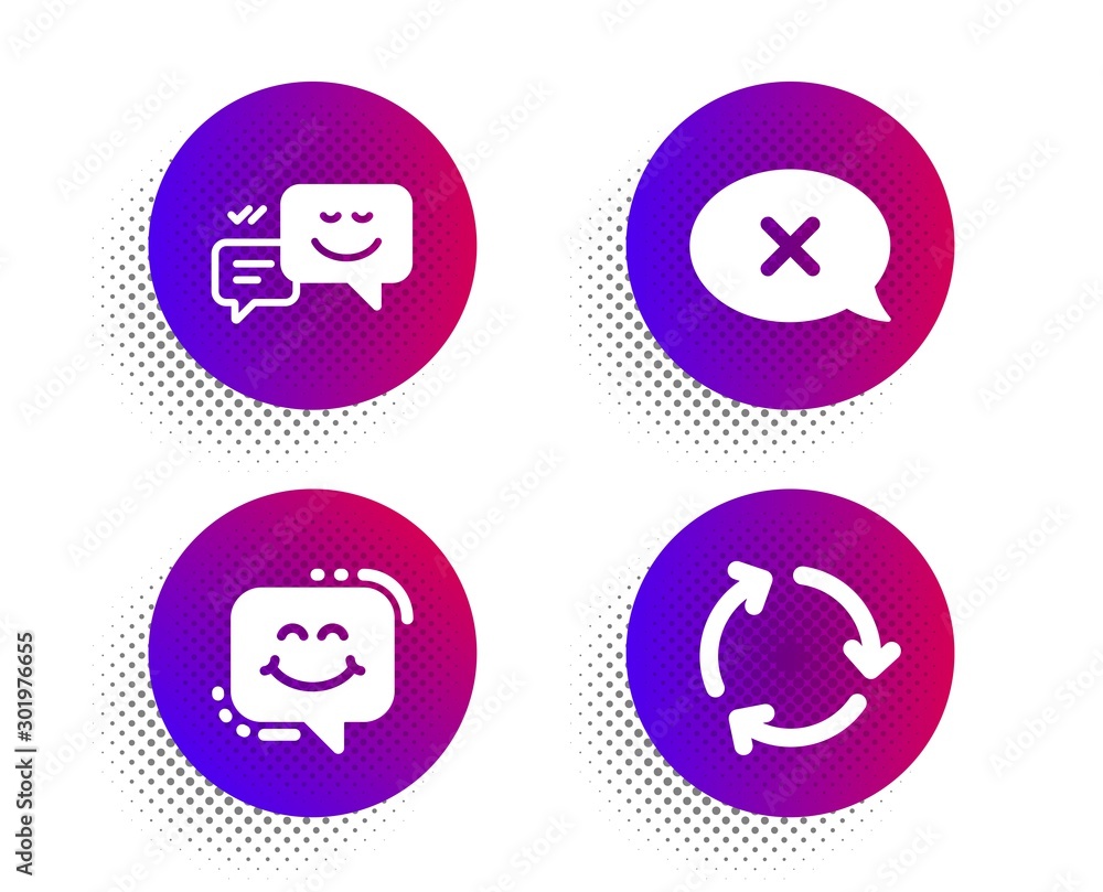 Poster reject, happy emotion and smile chat icons simple set. halftone dots button. recycling sign. delete 
