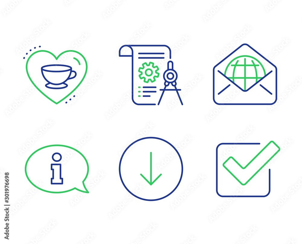 Poster web mail, information and love coffee line icons set. scroll down, divider document and checkbox sig