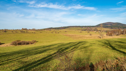 Fototapeta na wymiar Panoramic view of fields near Unislaw slaski, and Rybnicy lesnej. Autum sunny weather, vivid colors.