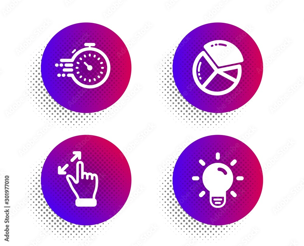 Poster timer, pie chart and touchscreen gesture icons simple set. halftone dots button. light bulb sign. de