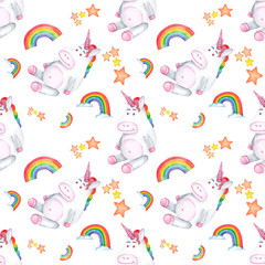 Seamless pattern. Unicorns with rainbow mane on white background. Hand drawn watercolor illustration. 
