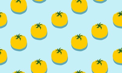 Seamless blue background with yellow tomatoes with shadow. Vector  illustration design with vegetables for template.