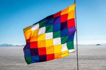 The colourful patchwork Wiphala represents the native people from parts of the Andes that travels...