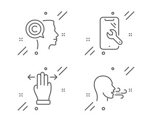 Writer, Multitasking gesture and Smartphone repair line icons set. Breathing exercise sign. Copyrighter, Swipe, Phone recovery. Breath. Business set. Line writer outline icon. Vector