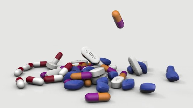 Pills falling down on white background. 3D render
