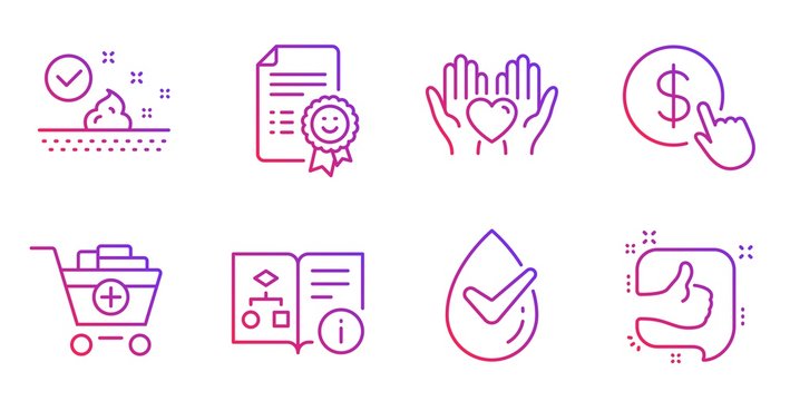 Buy currency, Skin care and Add products line icons set. Hold heart, Dermatologically tested and Smile signs. Technical algorithm, Like symbols. Money exchange, Face cream. Business set. Vector