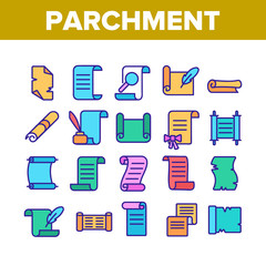 Parchment Collection Elements Icons Set Vector Thin Line. Parchment And Scrolls, Education Diploma And Magic Paper With Feather Concept Linear Pictograms. Color Illustrations