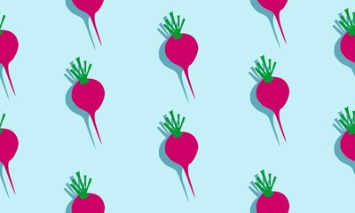 Seamless blue background with red radishes with shadow. Vector  illustration design with vegetables for template.