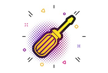 Screwdriver tool sign icon. Halftone dots pattern. Fix it symbol. Repair sign. Classic flat screwdriver icon. Vector