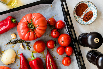 Roasted Tomatoes, Red Peppers, Onions, Cherry Tomatoes, Spices, Rosemary and Salt Pepper Mill with...