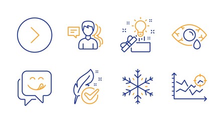 People, Creative idea and Forward line icons set. Yummy smile, Snowflake and Hypoallergenic tested signs. Ð¡onjunctivitis eye, Seo analysis symbols. Support job, Present box. Business set. Vector