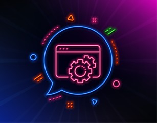 Seo gear line icon. Neon laser lights. Web settings sign. Traffic management symbol. Glow laser speech bubble. Neon lights chat bubble. Banner badge with seo gear icon. Vector